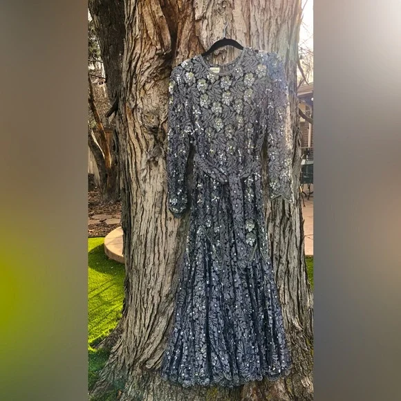 Neiman Marcus | Dresses | Vintage Neiman Marcus Silver Beaded Long Sleeve Drop  Waist Dress Gown Medium | Poshmark